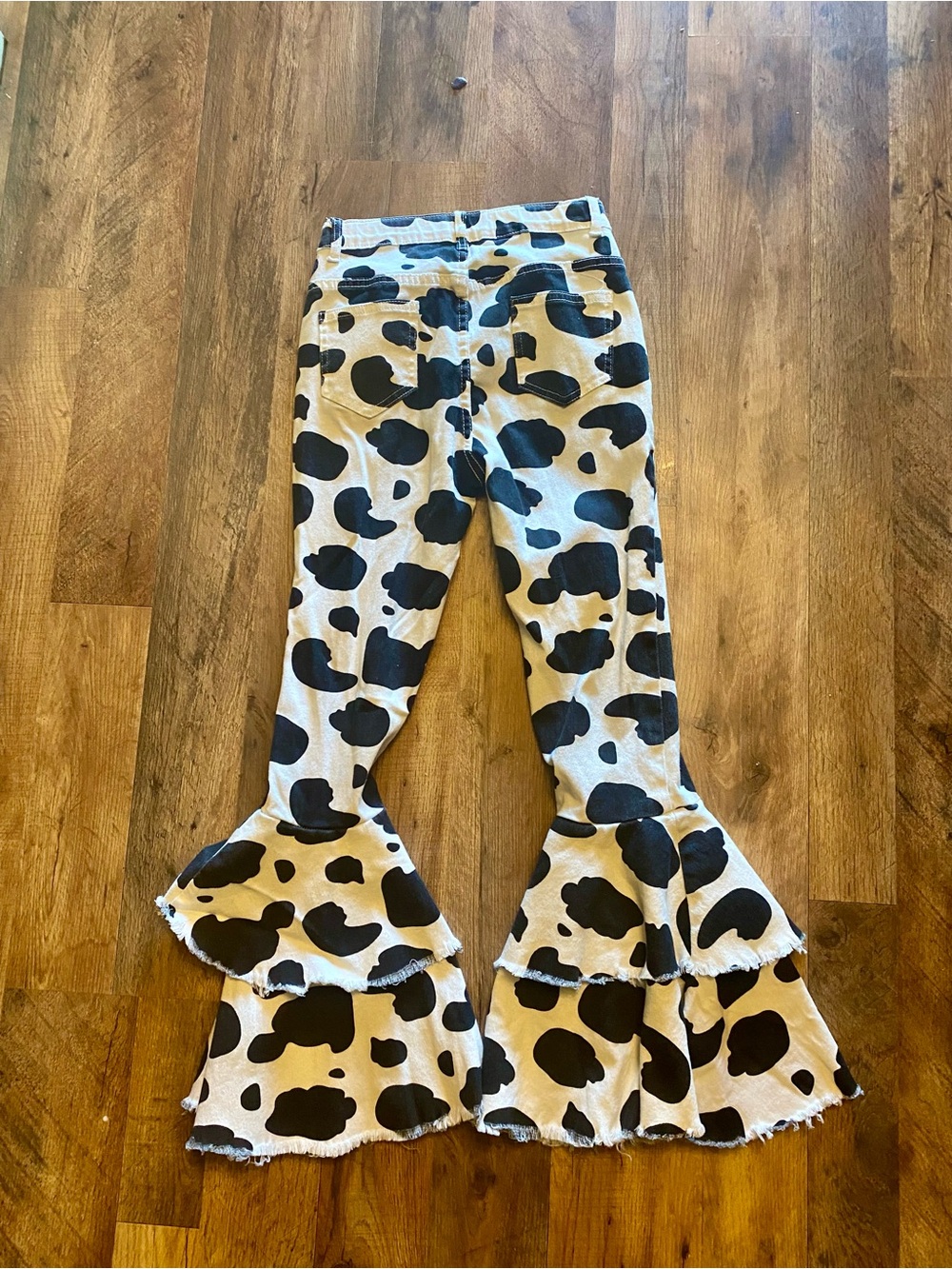 Cow Print Ruffled Bell Bottom Jeans - Black & Cream